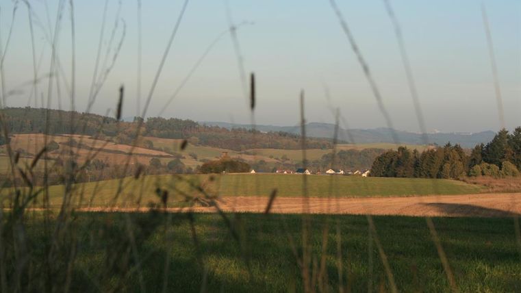 Eine ruhige Landschaft mit sanften Hügeln und Wiesen. Im Hintergrund sind kleine Gebäude und Bäume sichtbar.