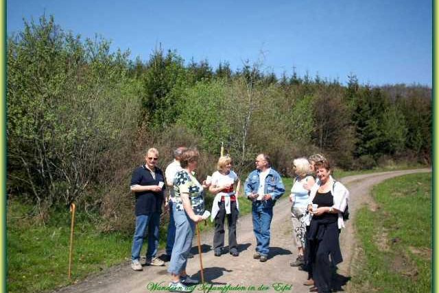 Eine Gruppe von Menschen steht auf einem Waldweg und unterhält sich. Im Hintergrund sind grüne Bäume und ein klarer Himmel zu sehen.