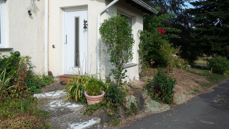 Ein Eingang zu einem Haus mit einer kleinen Terrasse und Bepflanzung. Auf der linken Seite sind einige Pflanzen und ein blühender Strauch sichtbar.