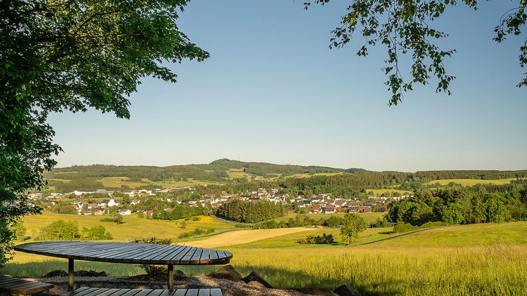 Eine malerische Aussicht auf ein Dorf, umgeben von grünen Wiesen und Hügeln. Im Vordergrund steht ein Holzstuhl unter einem Baum.
