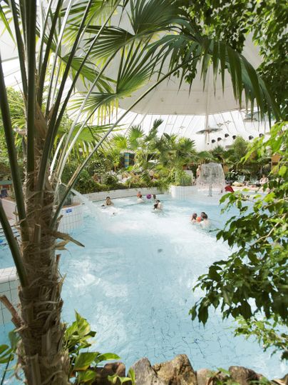 Ein tropisches Hallenbad mit klarem Wasser und vielen Pflanzen. Menschen entspannen und schwimmen in der ruhigen Umgebung.