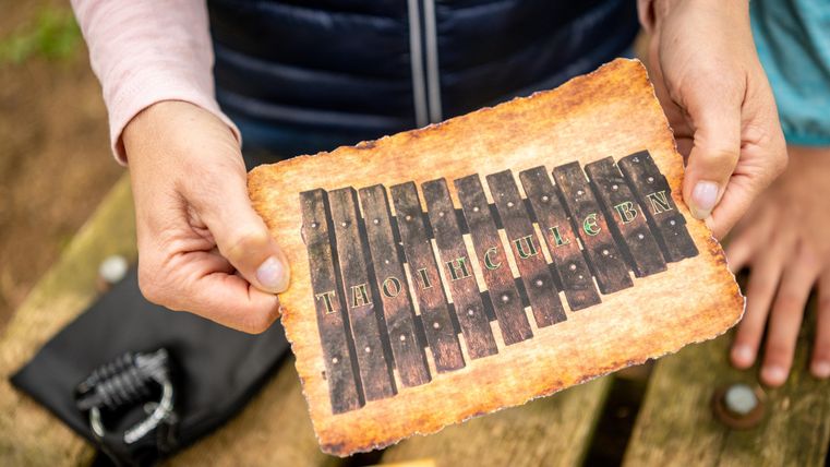 Eine Person hält eine Karte mit einem Bild eines Instruments. Im Hintergrund sind Holzoberflächen sichtbar.