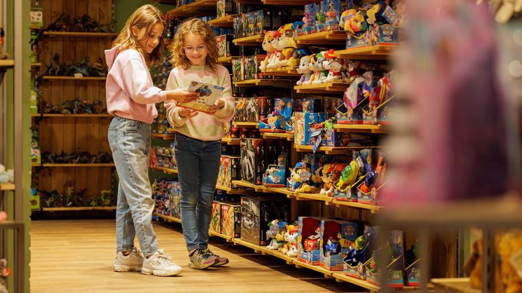 Zwei Mädchen stehen in einem Spielzeugladen und betrachten Spielzeuge. Regale mit bunten Spielsachen sind im Hintergrund zu sehen.