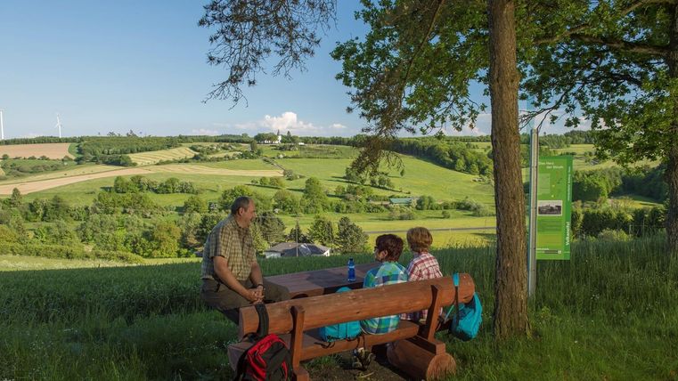 Eine Gruppe von Menschen sitzt an einem Holztisch im Freien und genießt die Aussicht auf eine grüne, hügelige Landschaft. Es ist ein sonniger Tag mit klarem Himmel und angenehmem Wetter.