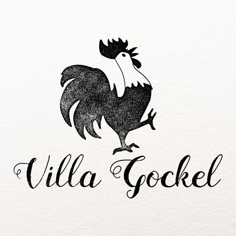 Un coq stylisé saute à côté de l'inscription "Villa Gockel". Le design est simple et clair.
