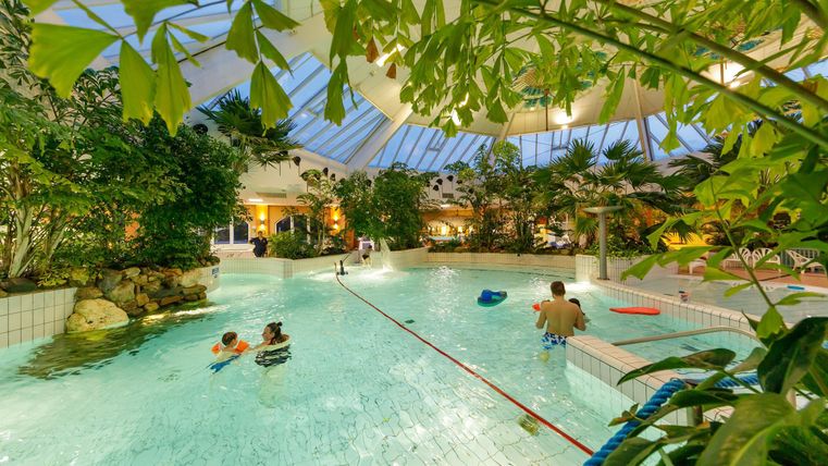 Ein tropisches Schwimmbad mit Palmen und klarem Wasser. Einige Menschen genießen das Wasser in einer gemütlichen Umgebung.