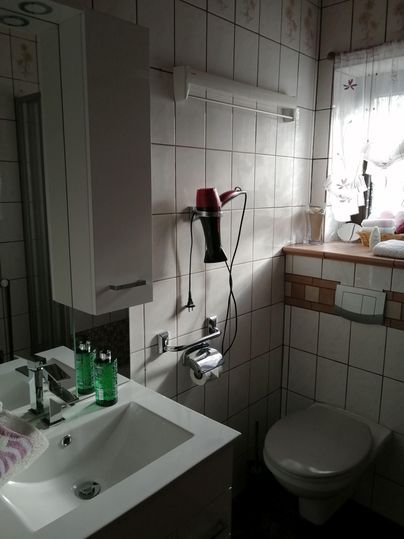 Ein Badezimmer mit einem Waschbecken, einer Toilette und einem Fenster. An der Wand hängen ein Föhn und Pflegeprodukte.