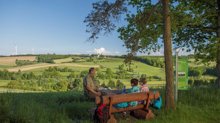 Eine Gruppe von Menschen sitzt an einem Tisch im Freien und genießt die Aussicht auf eine grüne Hügellandschaft. Im Hintergrund sind Windräder und ein klarer blauer Himmel zu sehen.