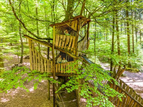 Ein Baumhaus aus Holz, umgeben von grünen Bäumen und viel Laub. Kinder spielen darin und genießen die Natur.