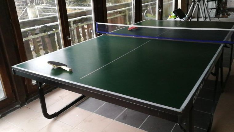 Ein Tischtennistisch mit grünem Belag steht in einem Raum mit großen Fenstern. Auf dem Tisch liegen ein Tischtennisball und ein Schläger.